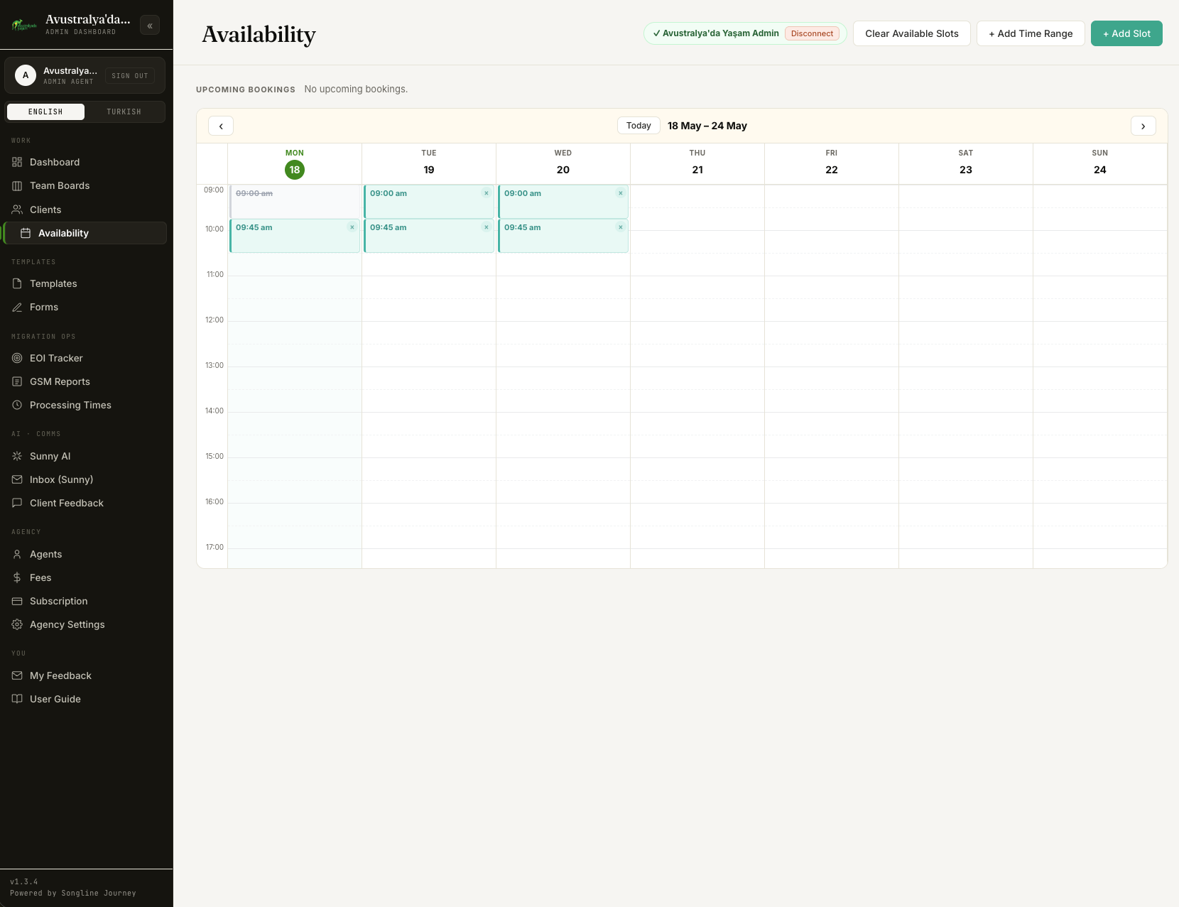 Songline admin — weekly availability grid for client booking