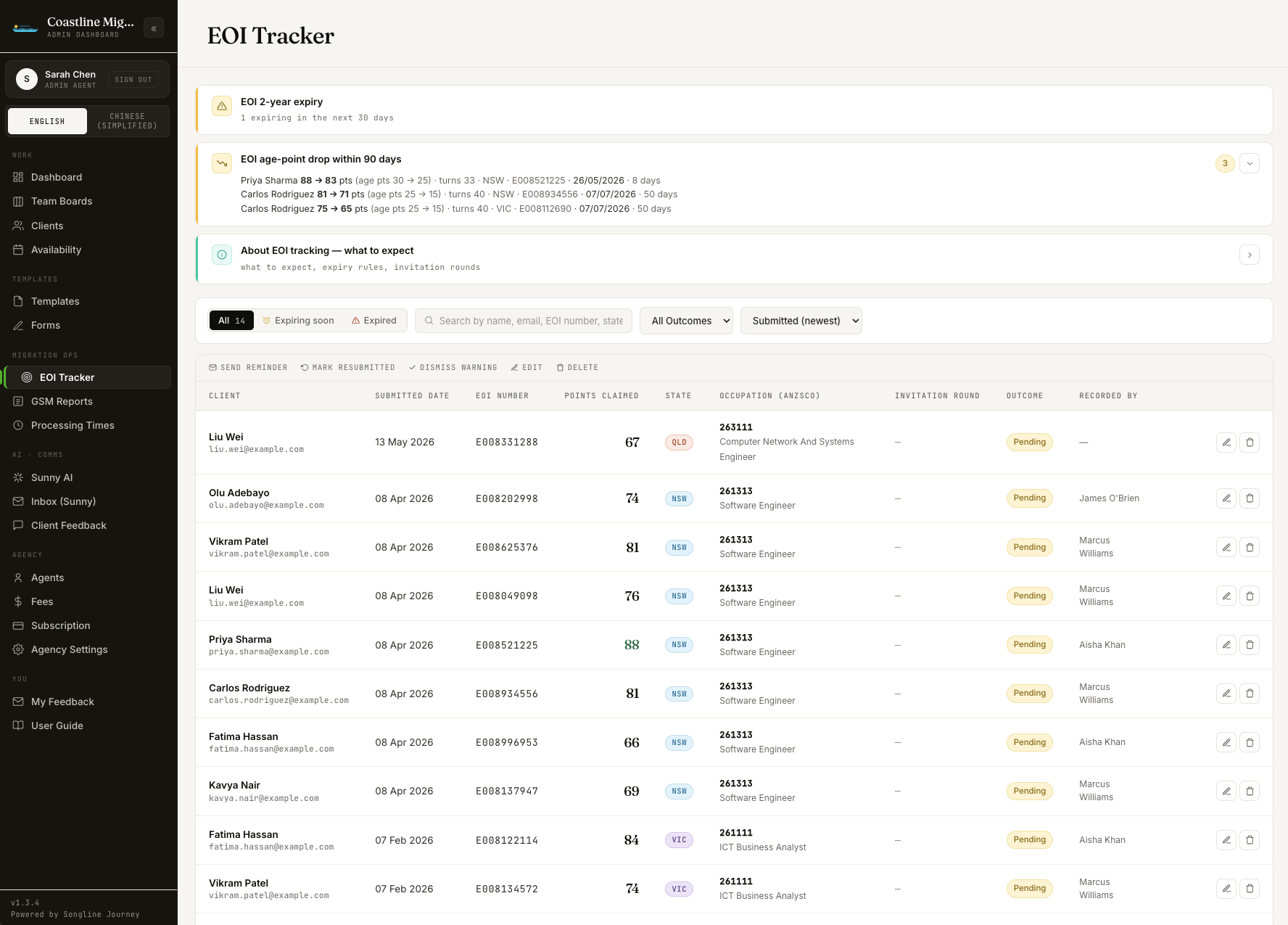 Songline admin — EOI tracker with point totals, states, and invitation outcomes