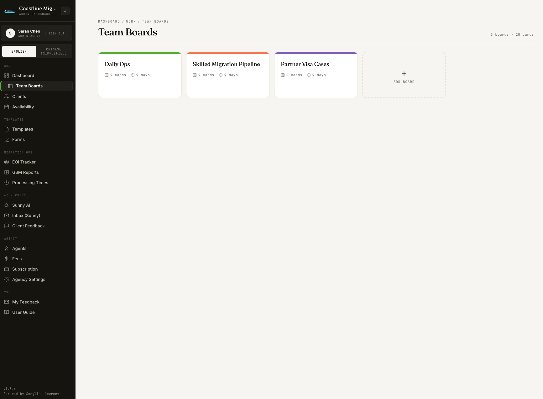 Songline admin — Team Boards Trello-style kanban for daily ops, onboarding, marketing