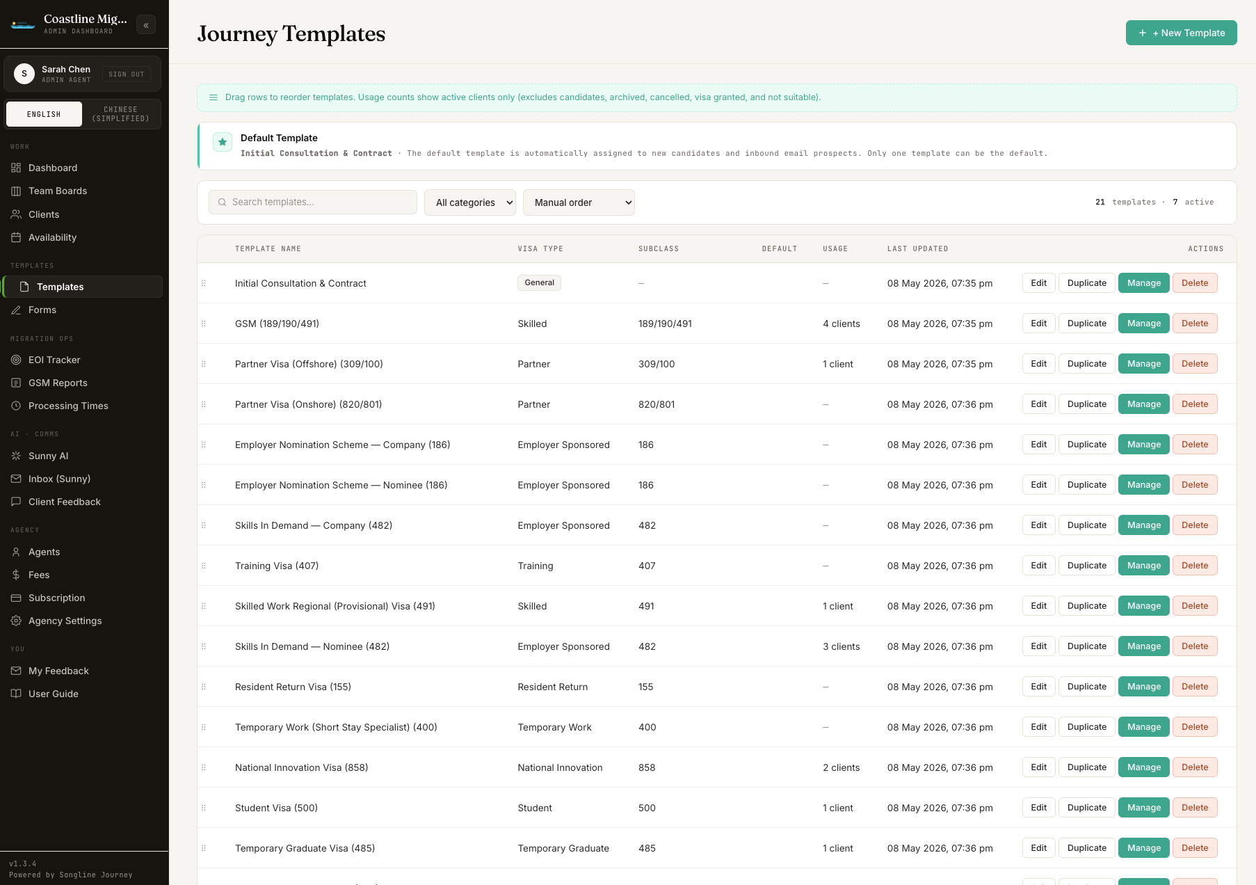 Songline admin — Templates library with subclass 189, 190, 491, 482 templates