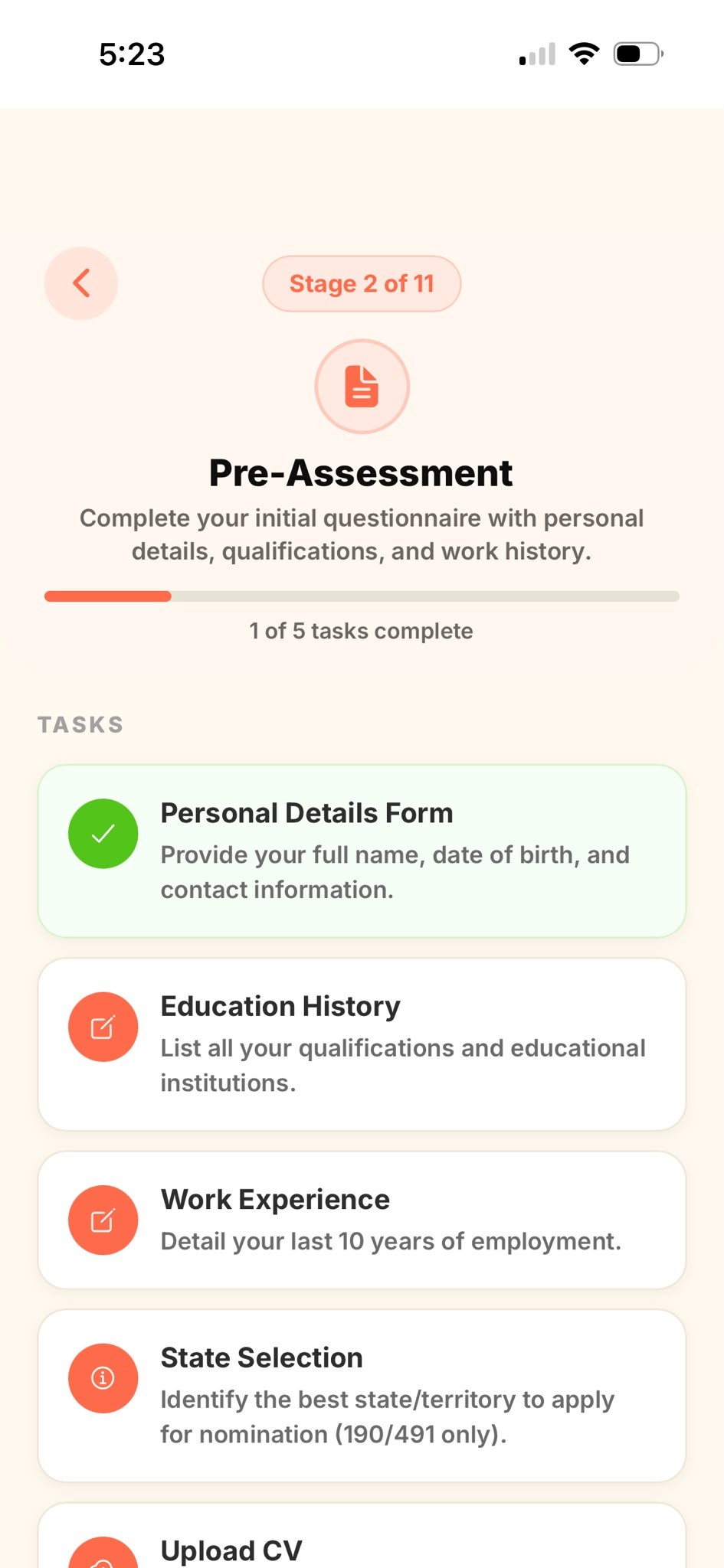 A stage's task list including a form task