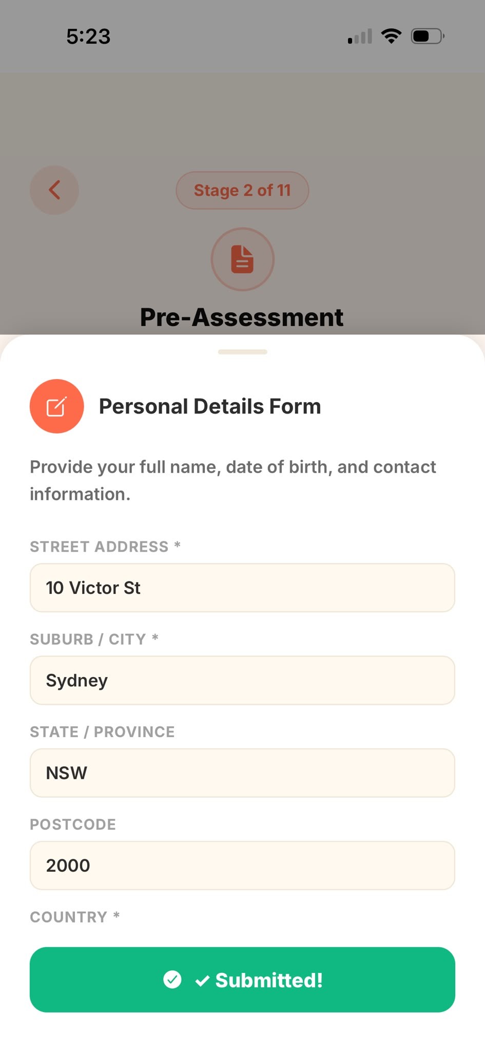 A form showing a green Submitted confirmation