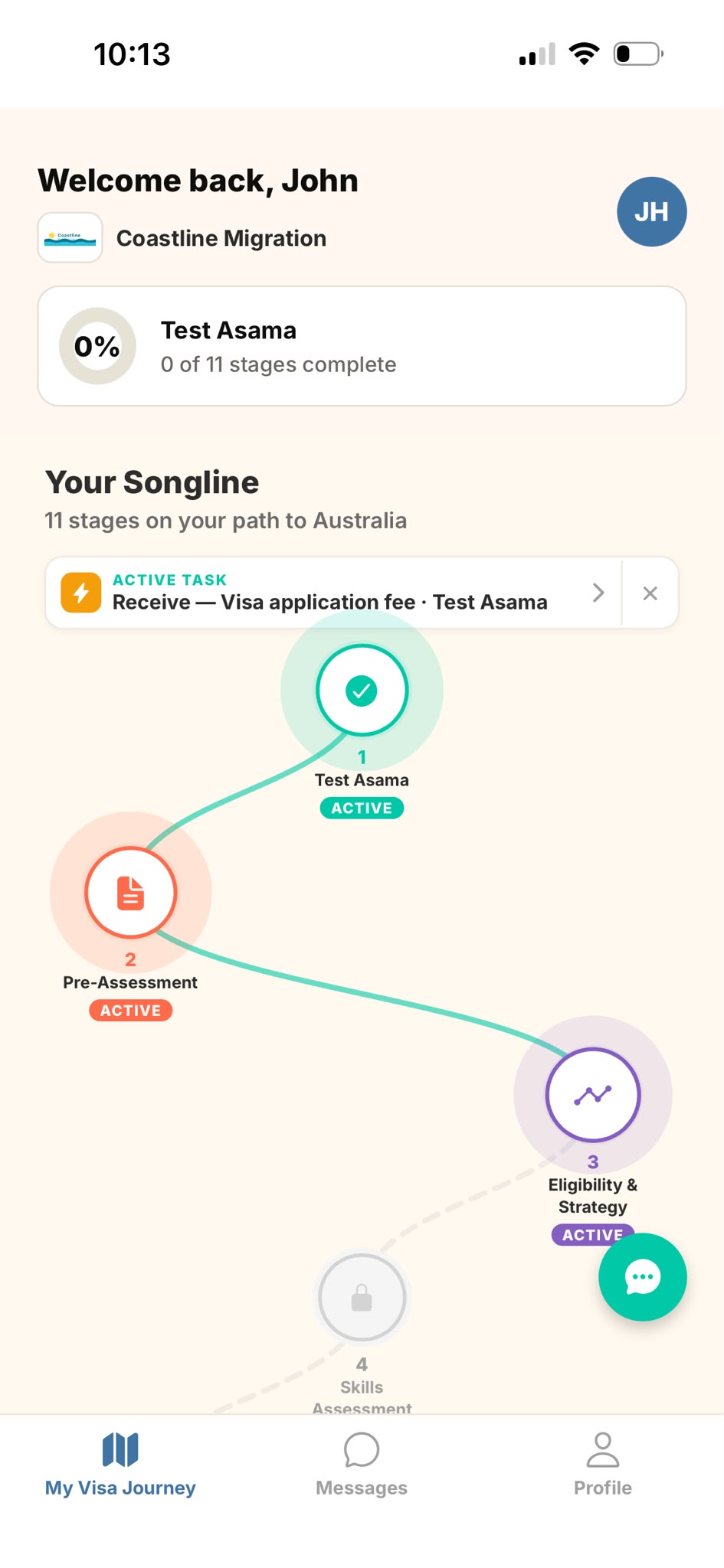 The My Visa Journey screen with active stages