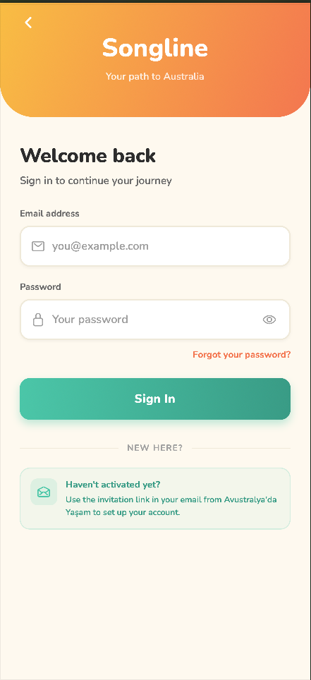 The Songline app login screen