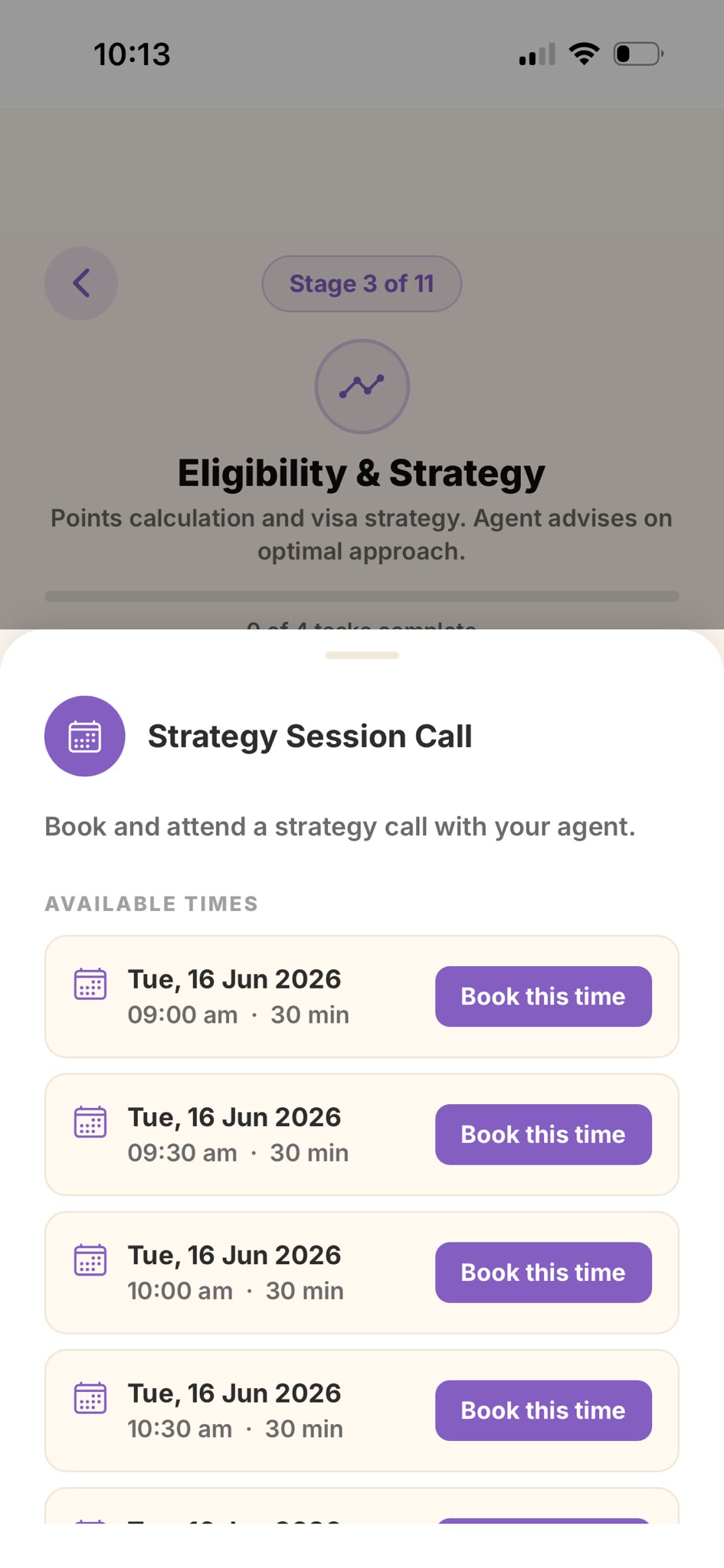 The booking sheet with available time slots