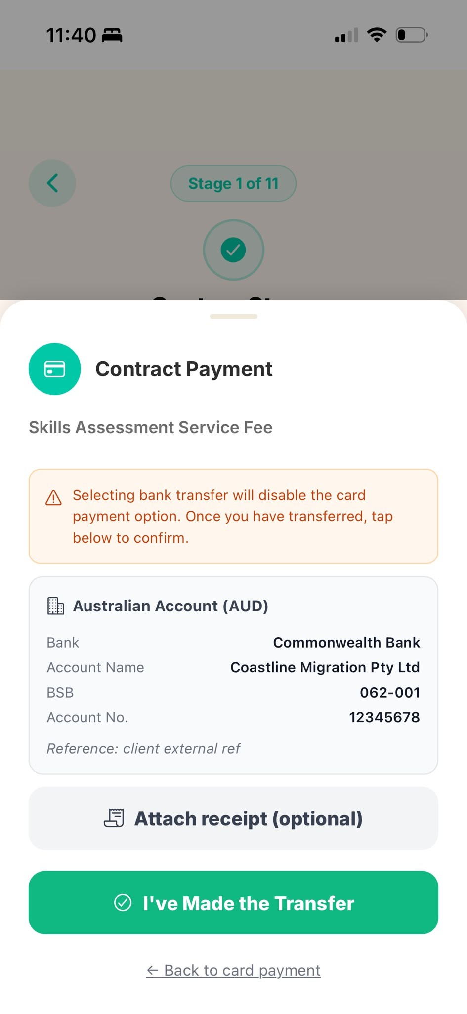 Bank transfer details with the I've Made the Transfer button