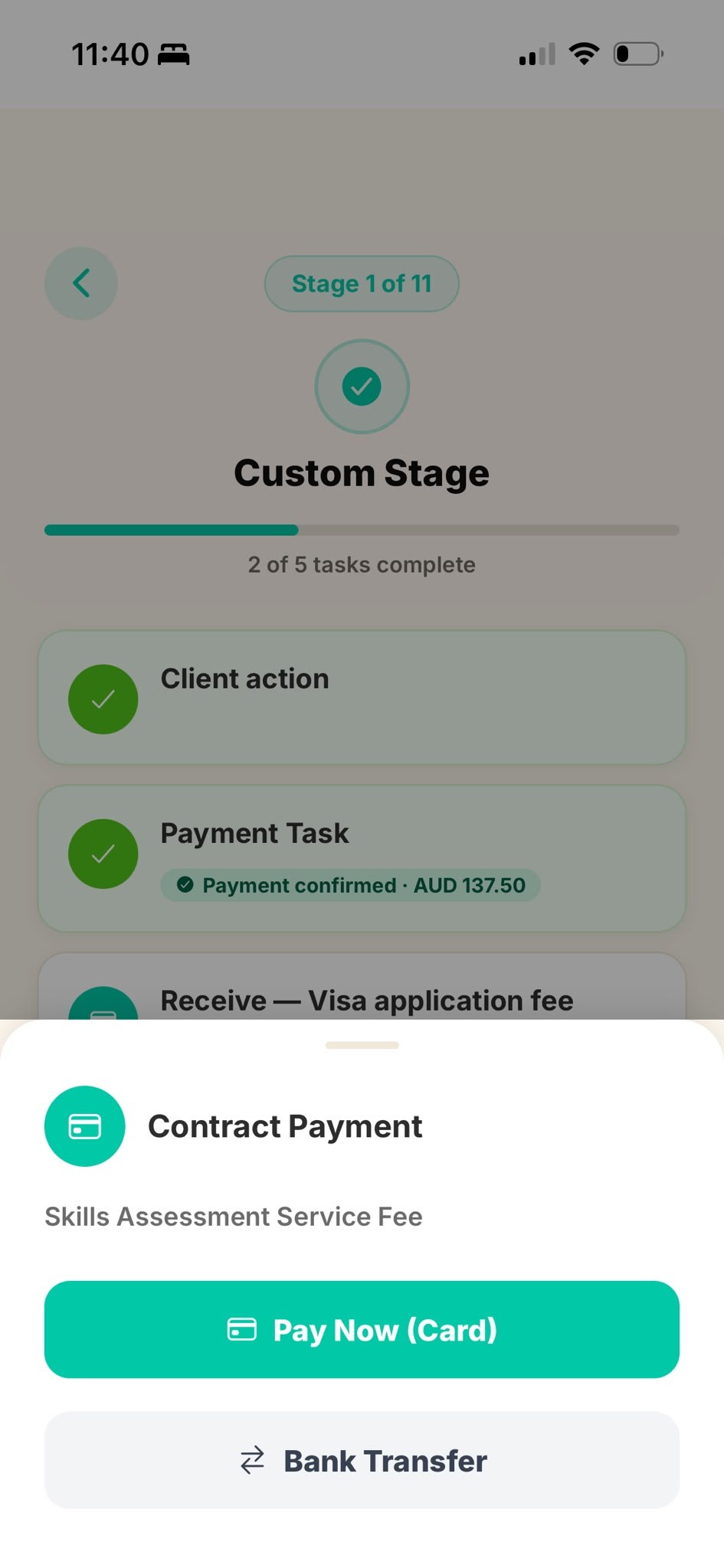Payment screen showing Pay Now (Card) and Bank Transfer