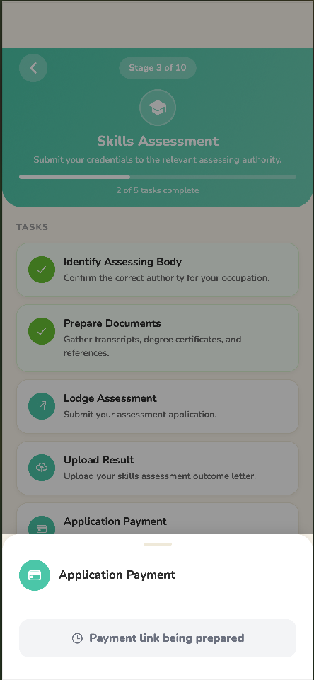 Application Payment task sheet — payment link being prepared