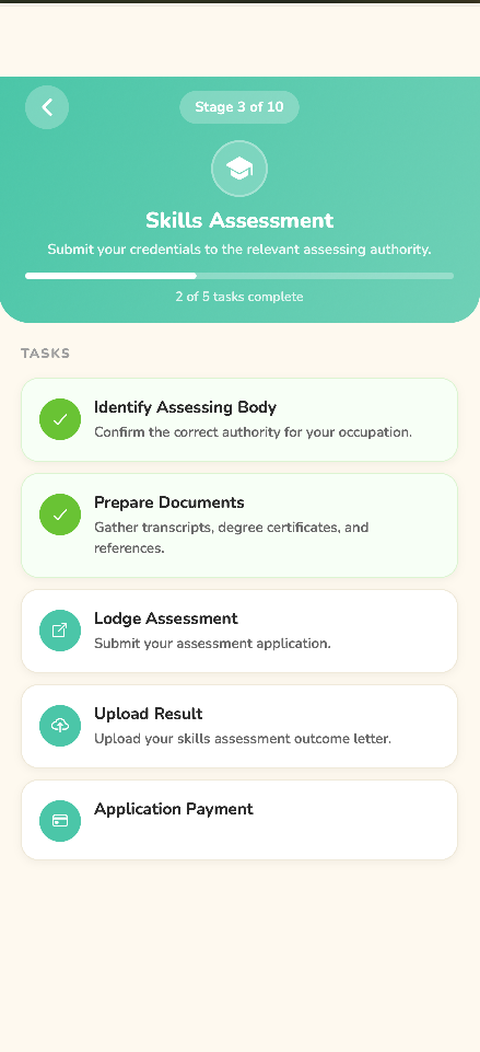 Skills Assessment stage with open tasks