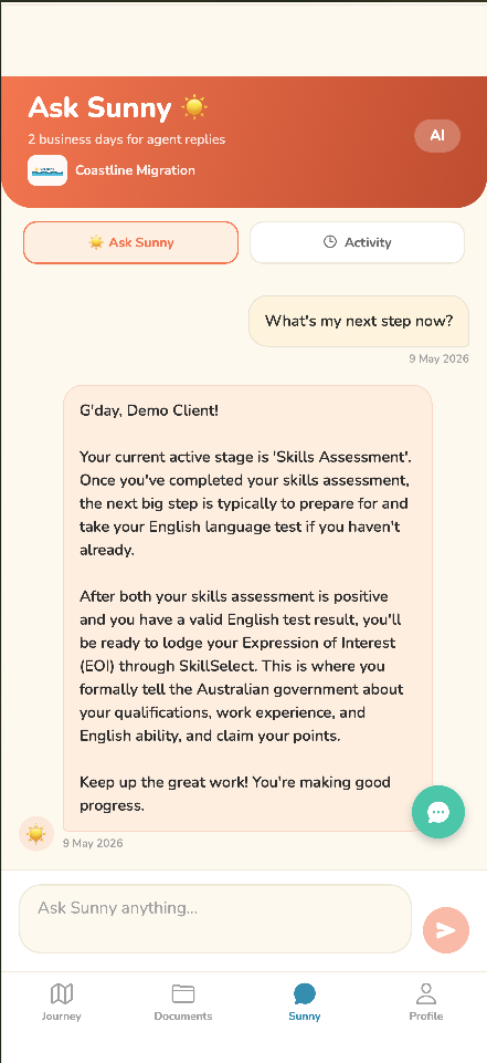 Sunny assistant answering a client question