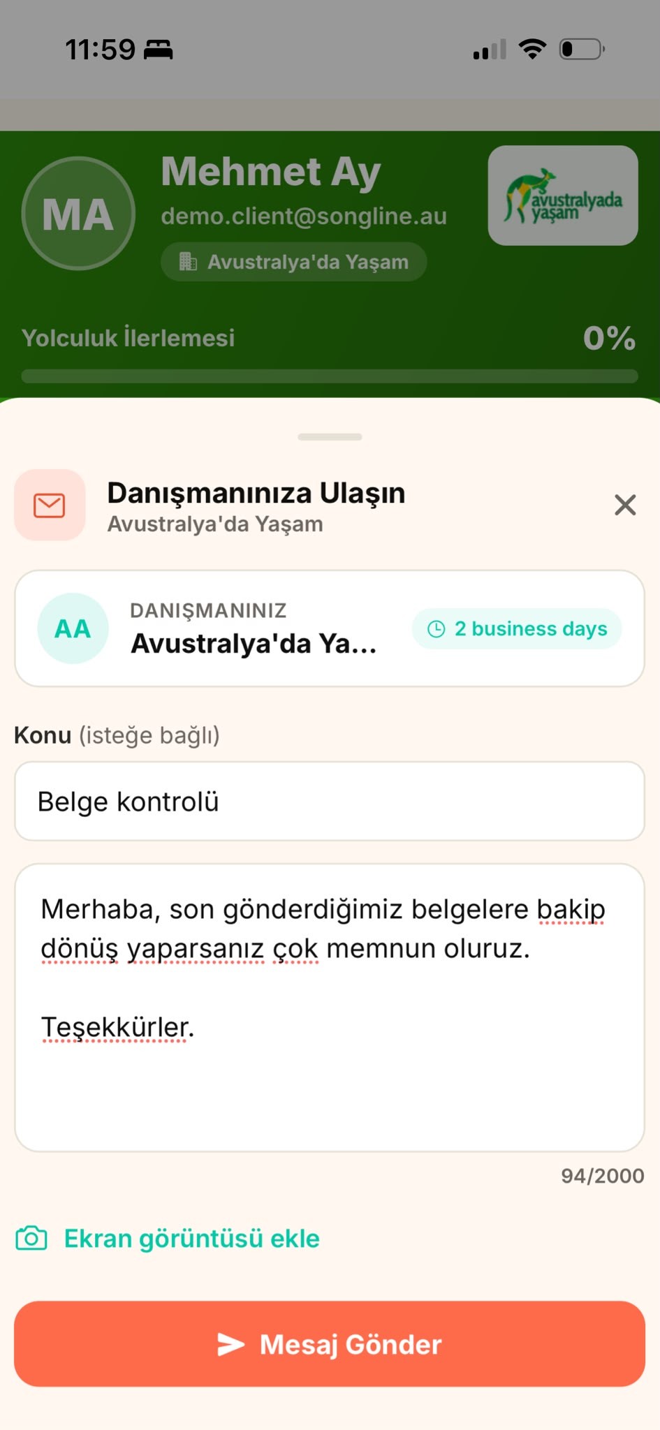 Danışmanınıza Ulaşın mesaj ekranı