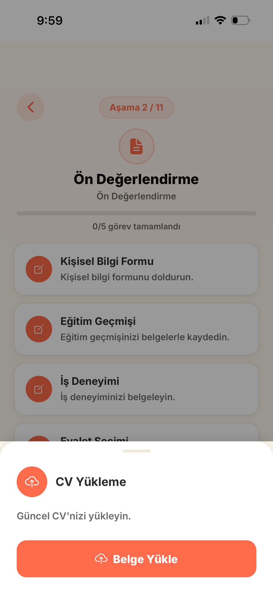 Belge yükleme görev ekranı