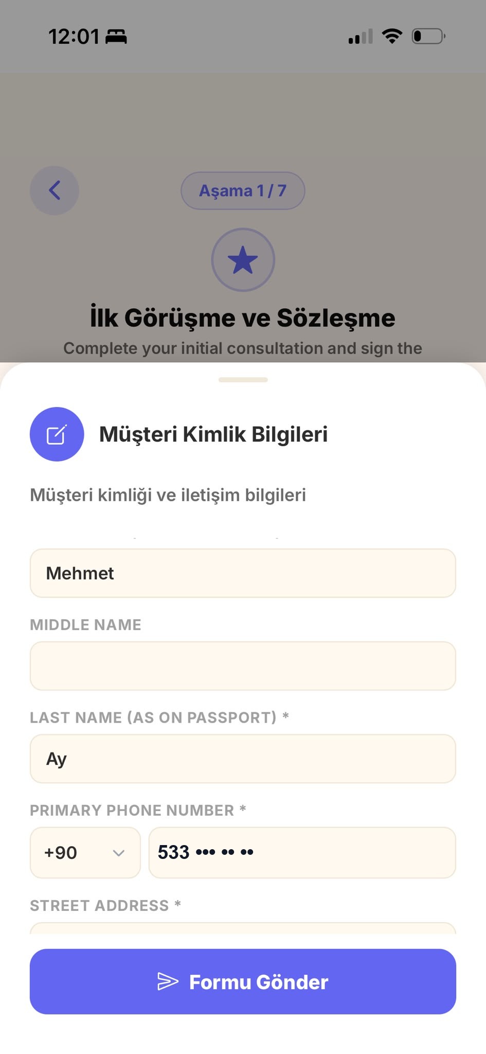 Formu Gönder düğmesiyle doldurulan bir form