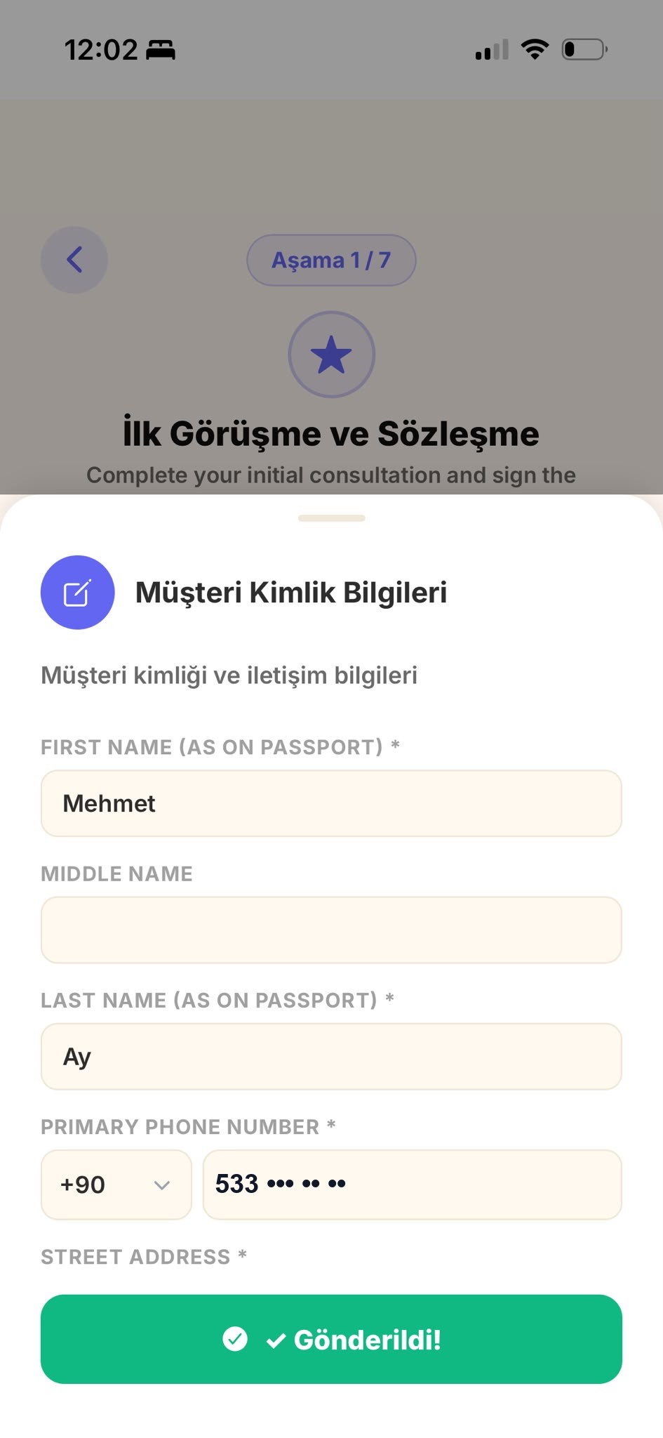Yeşil Gönderildi onayını gösteren form