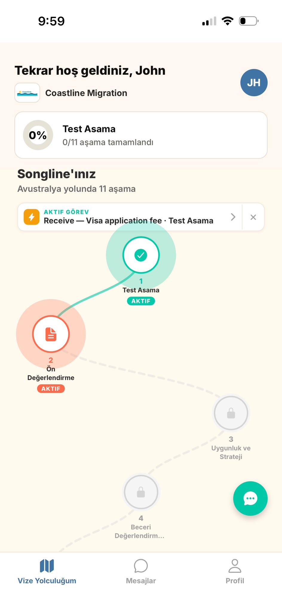 Aktif aşamaları gösteren vize yolculuğu haritası