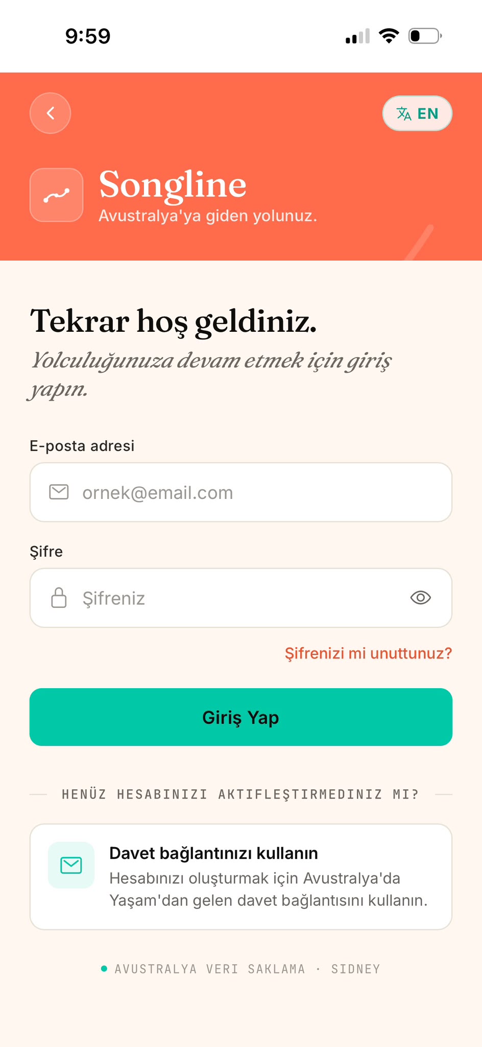 Songline uygulaması giriş ekranı