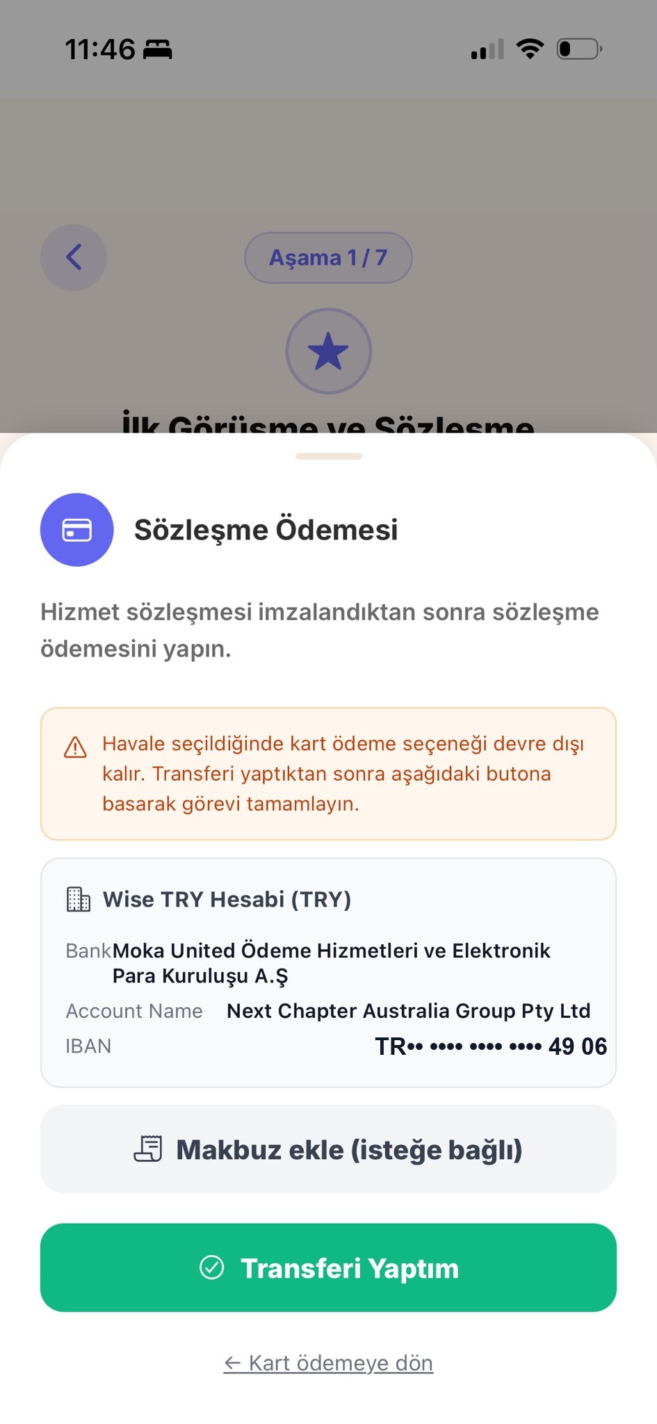 Transferi Yaptım düğmesiyle havale hesap bilgileri
