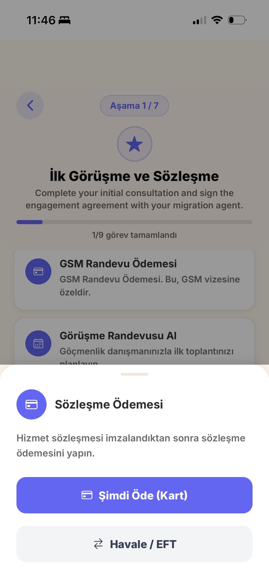 Şimdi Öde (Kart) ve Havale / EFT gösteren ödeme ekranı